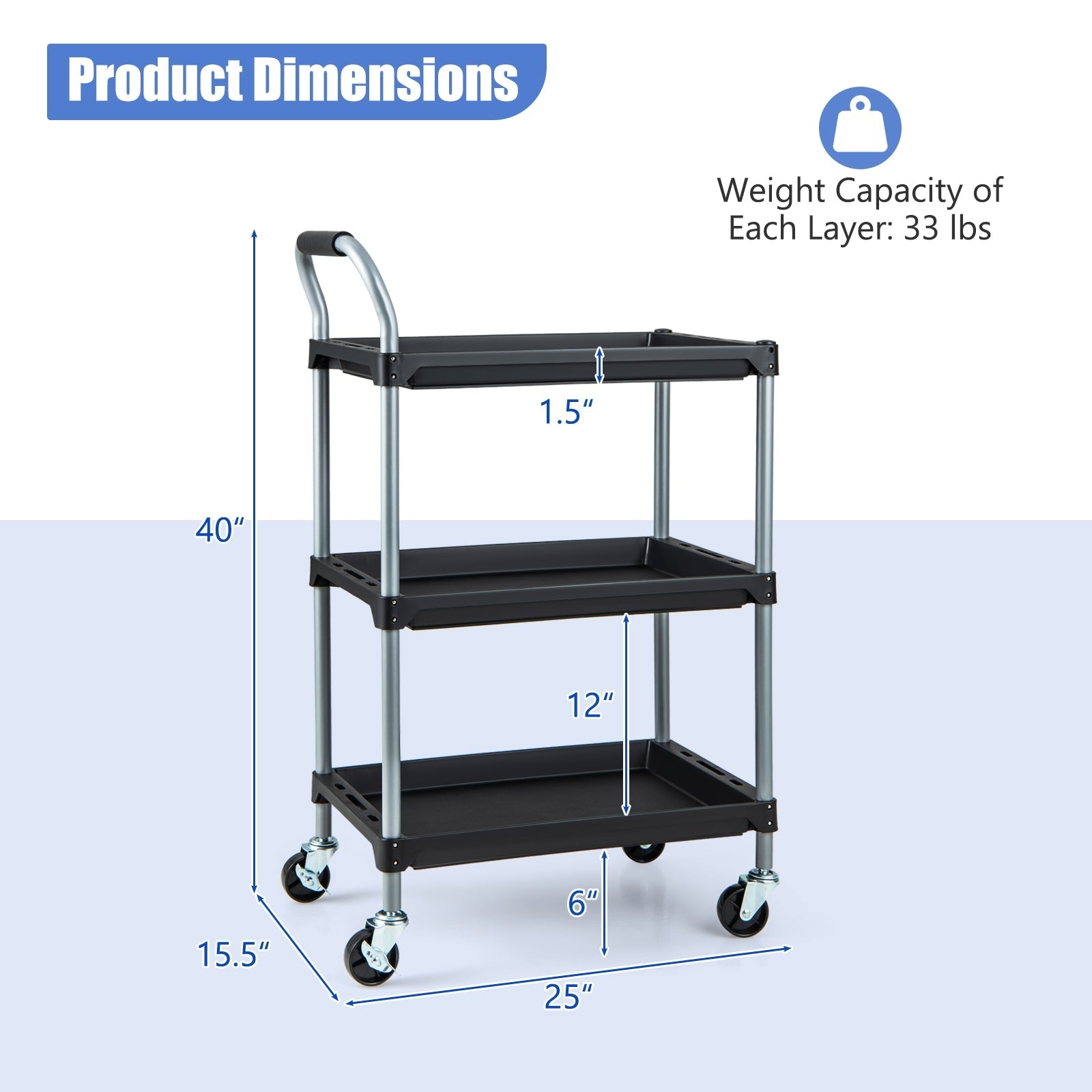 3 Layer Tool Cart with PP Shelves Sponged Handle and Swivel Wheel, Black Kitchen Islands & Carts   at Gallery Canada