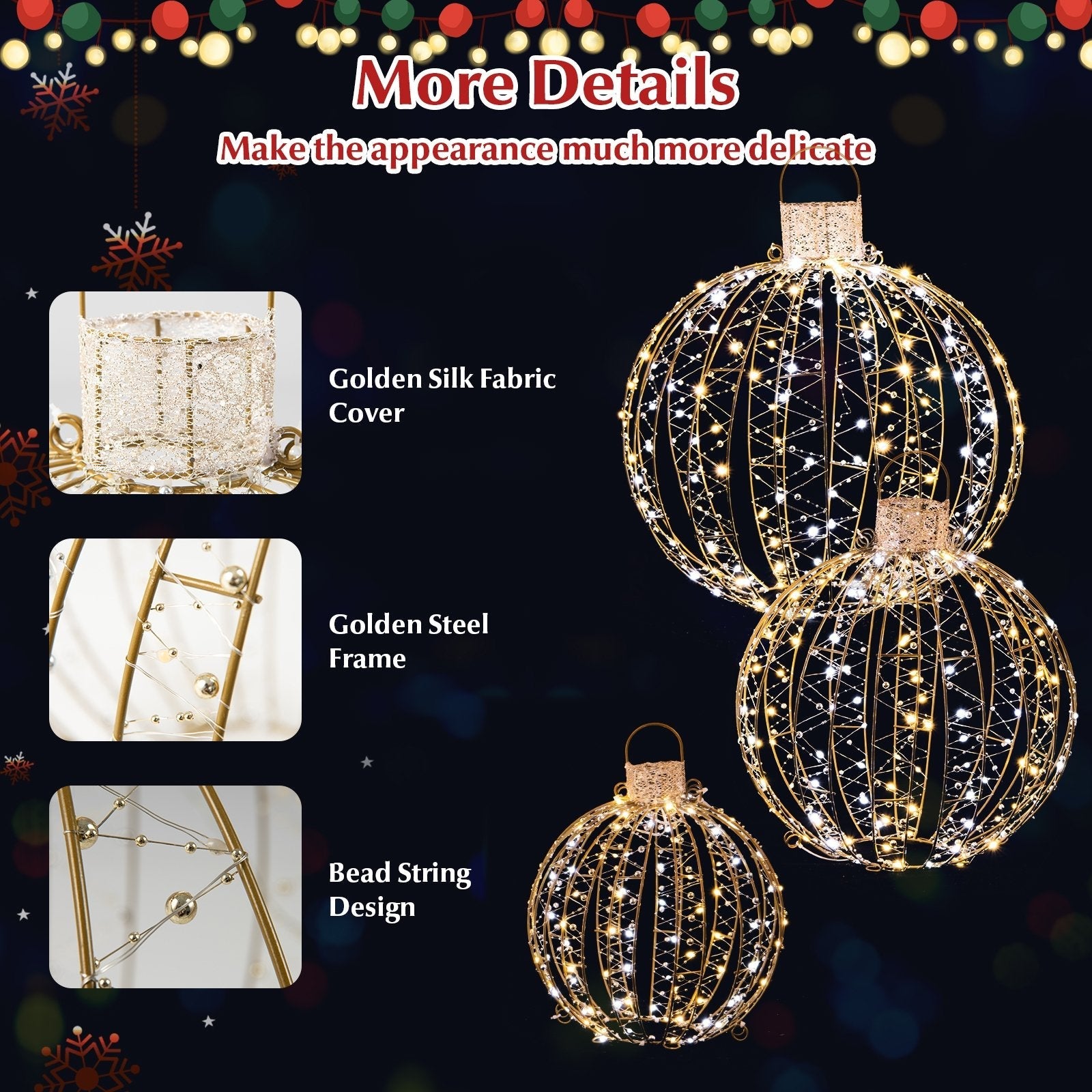 3 Pack Christmas LED Light Balls with Cable Ties and 6 Stakes, Golden Christmas Decor & Accessories   at Gallery Canada