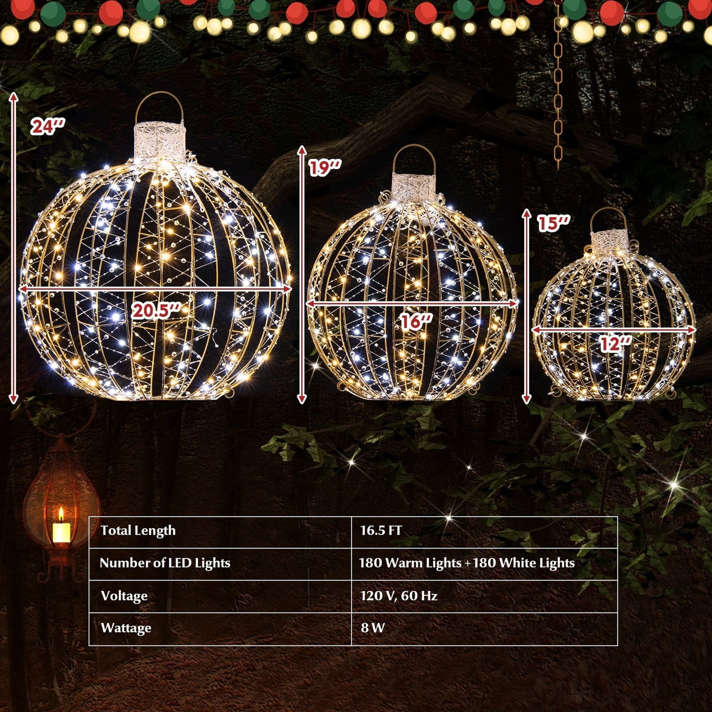 3 Pack Christmas LED Light Balls with Cable Ties and 6 Stakes, Golden Christmas Decor & Accessories   at Gallery Canada