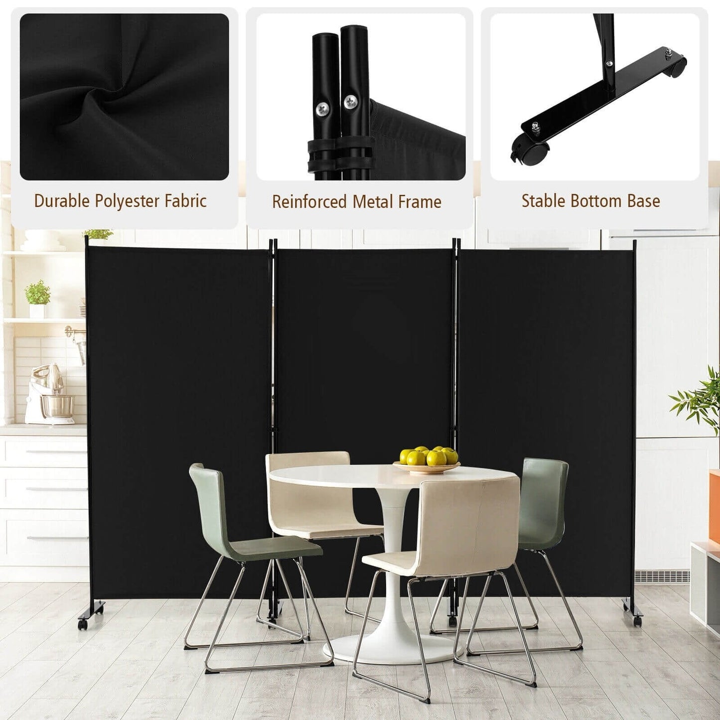 3 Panel Folding Room Divider with Lockable Wheels, Black Room Dividers   at Gallery Canada