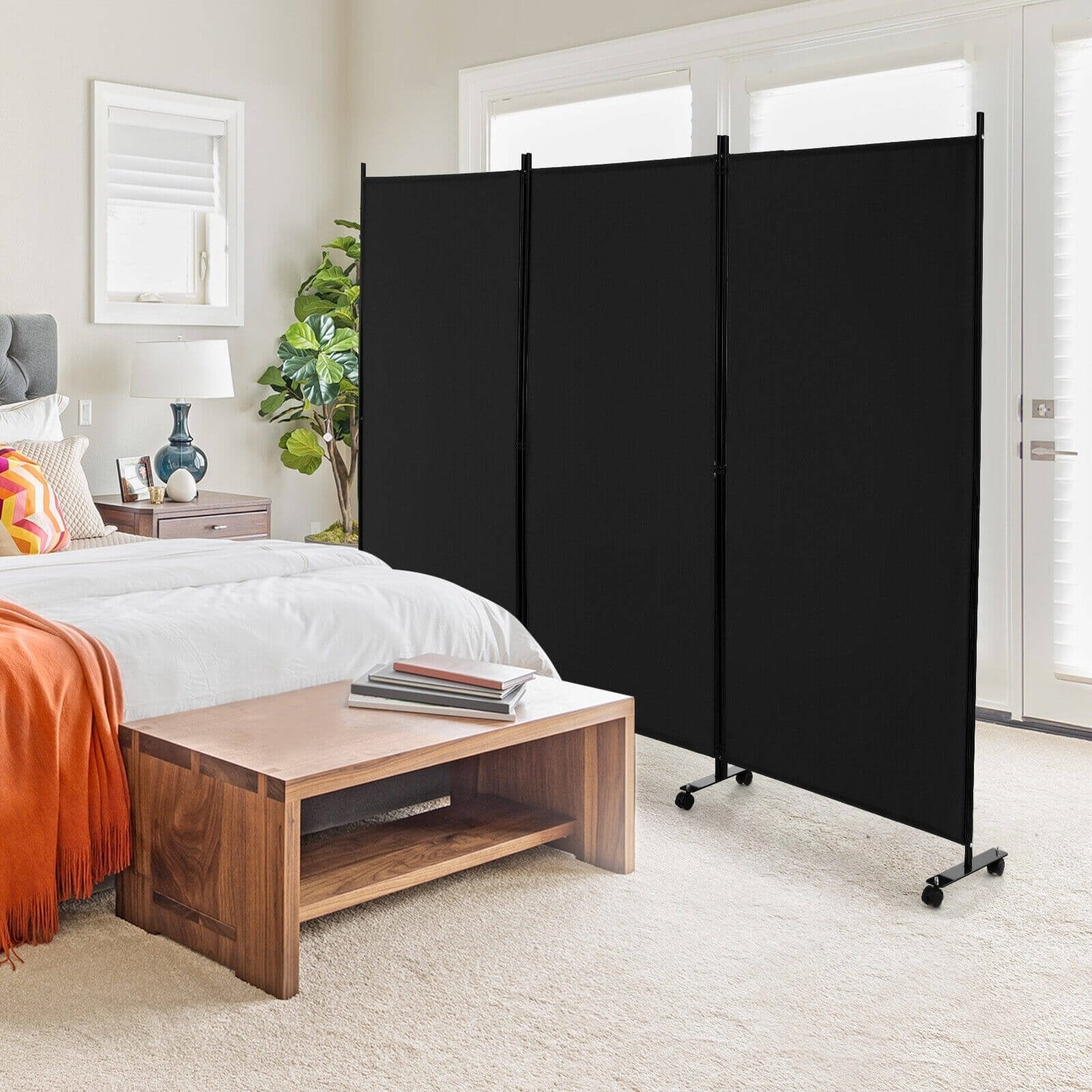 3 Panel Folding Room Divider with Lockable Wheels, Black Room Dividers   at Gallery Canada