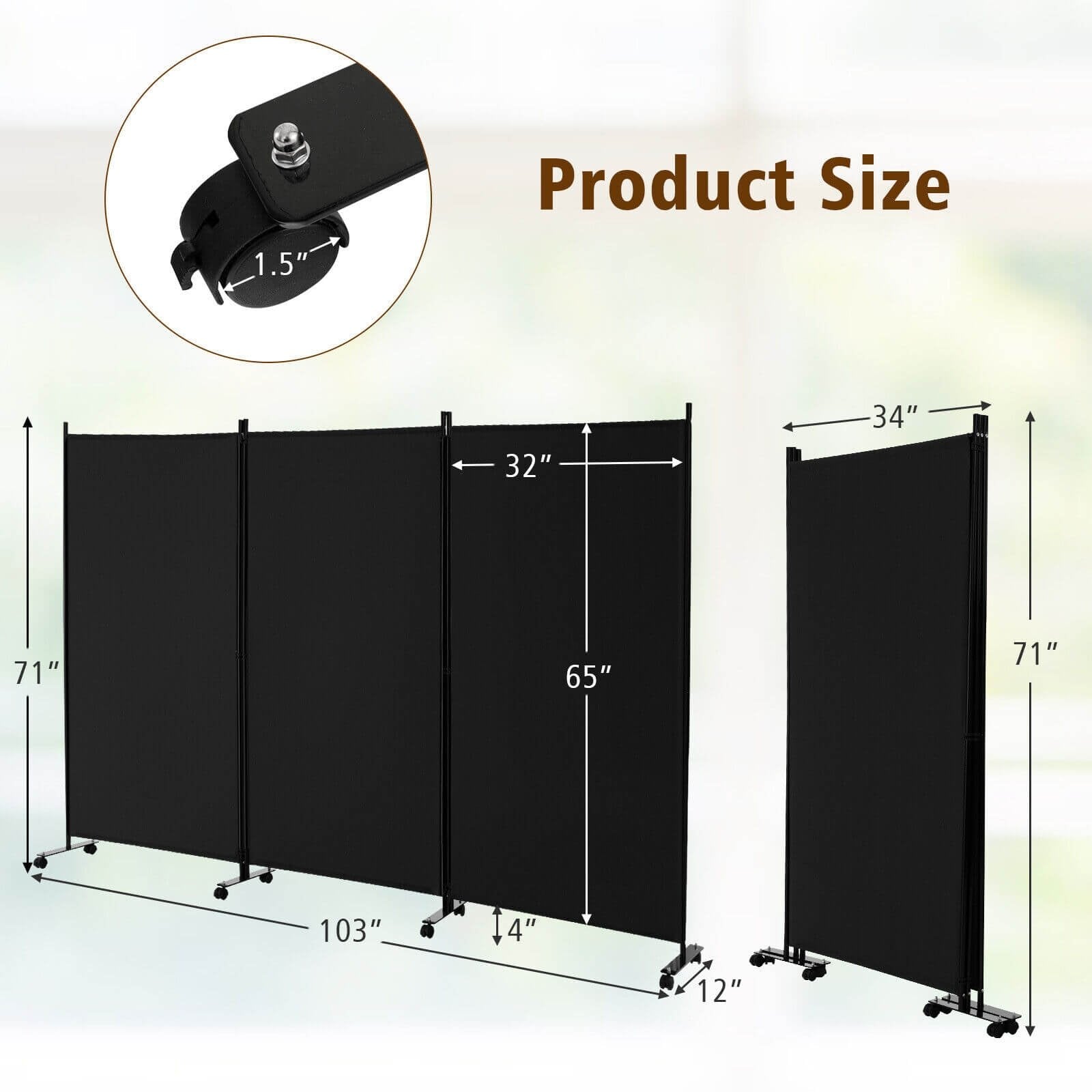 3 Panel Folding Room Divider with Lockable Wheels, Black Room Dividers   at Gallery Canada