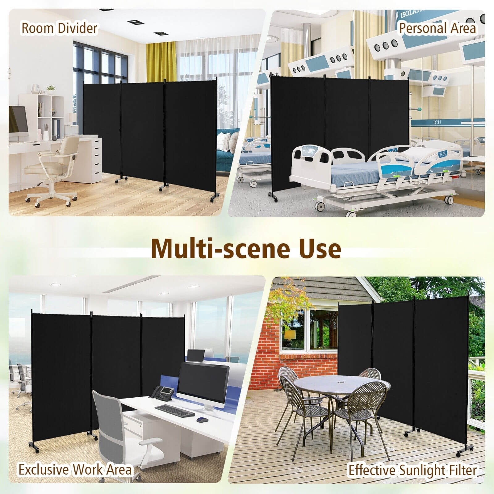 3 Panel Folding Room Divider with Lockable Wheels, Black Room Dividers   at Gallery Canada