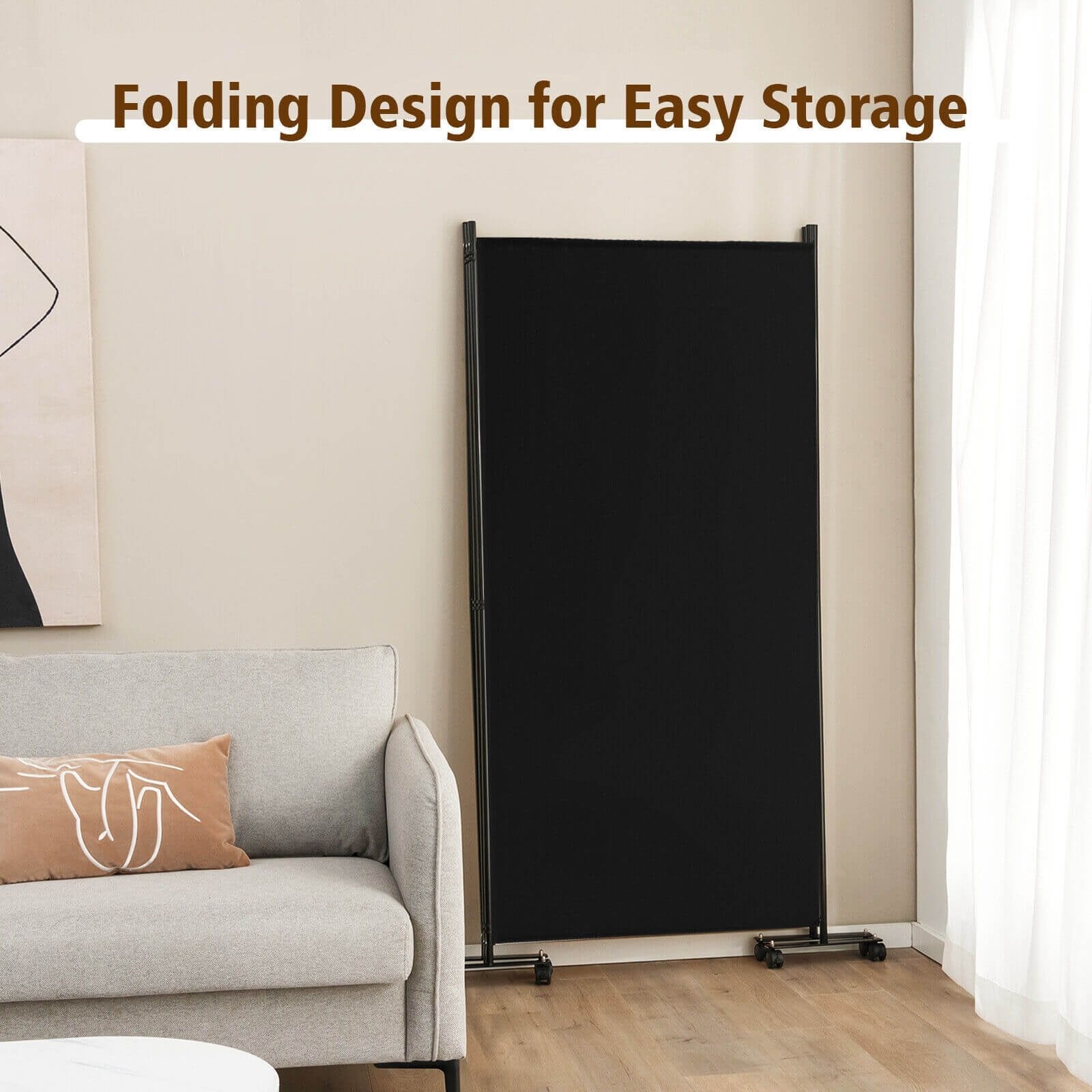 3 Panel Folding Room Divider with Lockable Wheels, Black Room Dividers   at Gallery Canada