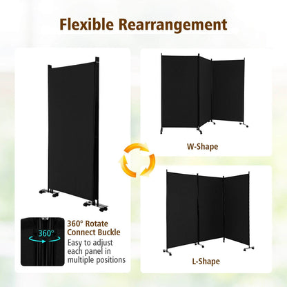 3 Panel Folding Room Divider with Lockable Wheels, Black Room Dividers   at Gallery Canada
