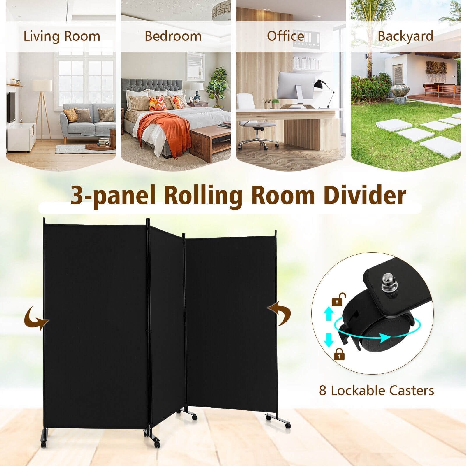 3 Panel Folding Room Divider with Lockable Wheels, Black Room Dividers   at Gallery Canada