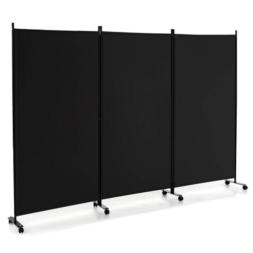 3 Panel Folding Room Divider with Lockable Wheels, Black