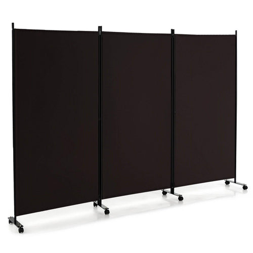 3 Panel Folding Room Divider with Lockable Wheels, Brown