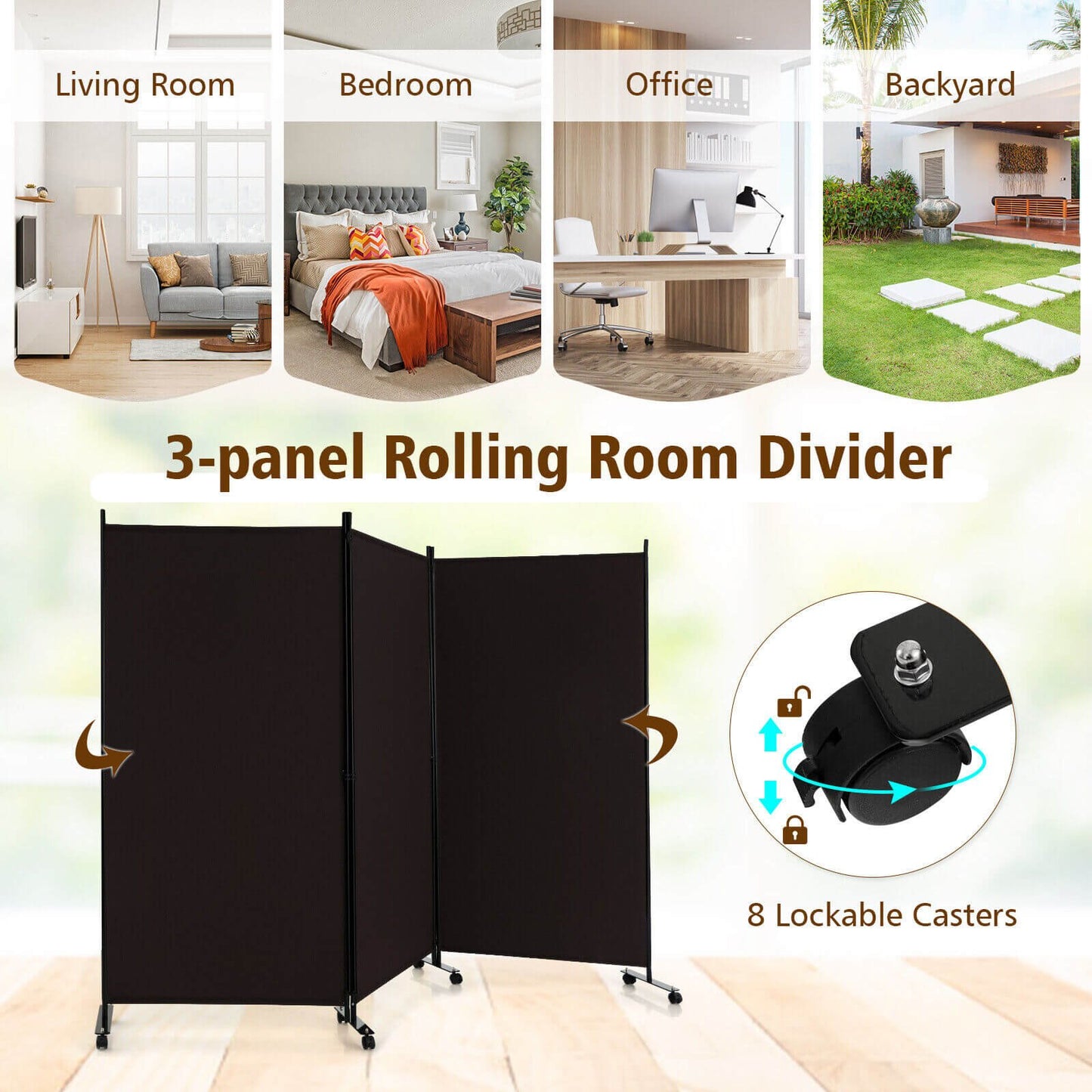 3 Panel Folding Room Divider with Lockable Wheels, Brown Room Dividers   at Gallery Canada