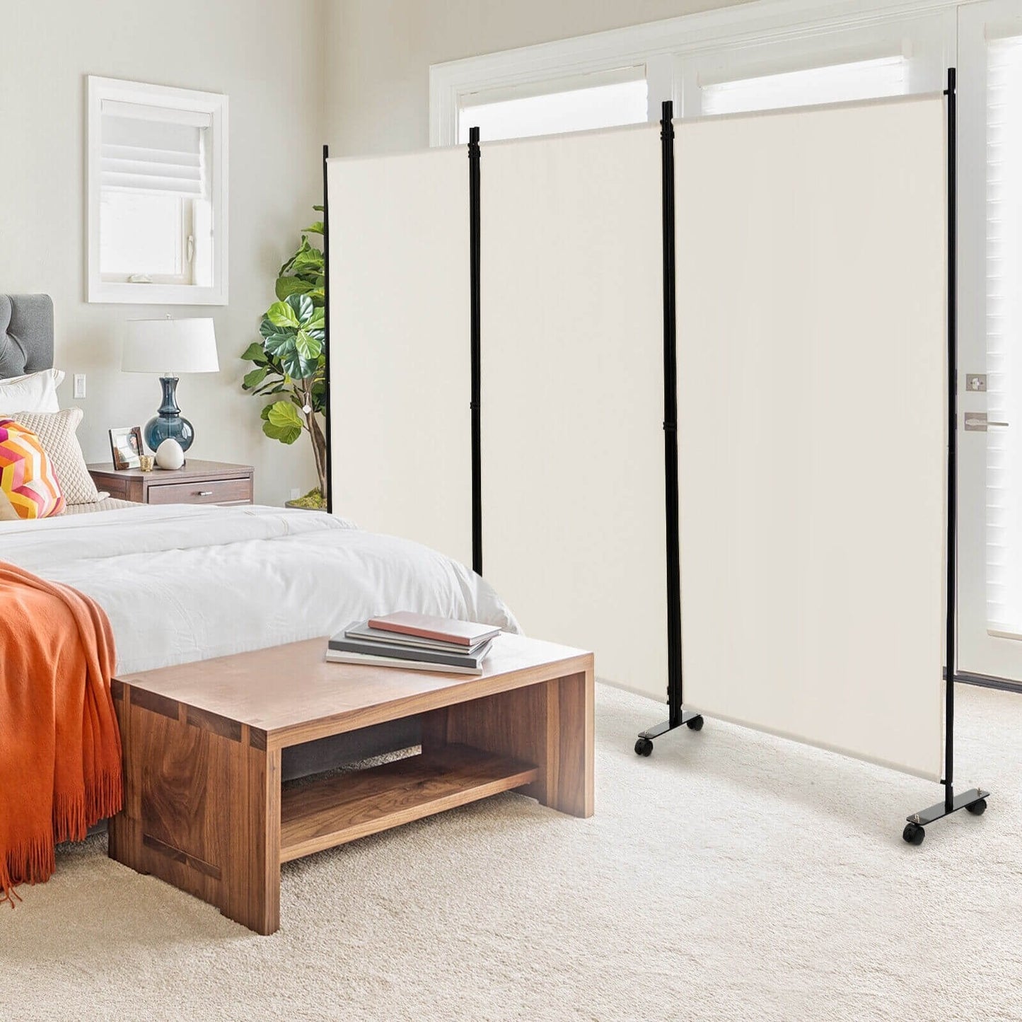 3 Panel Folding Room Divider with Lockable Wheels, White Room Dividers   at Gallery Canada