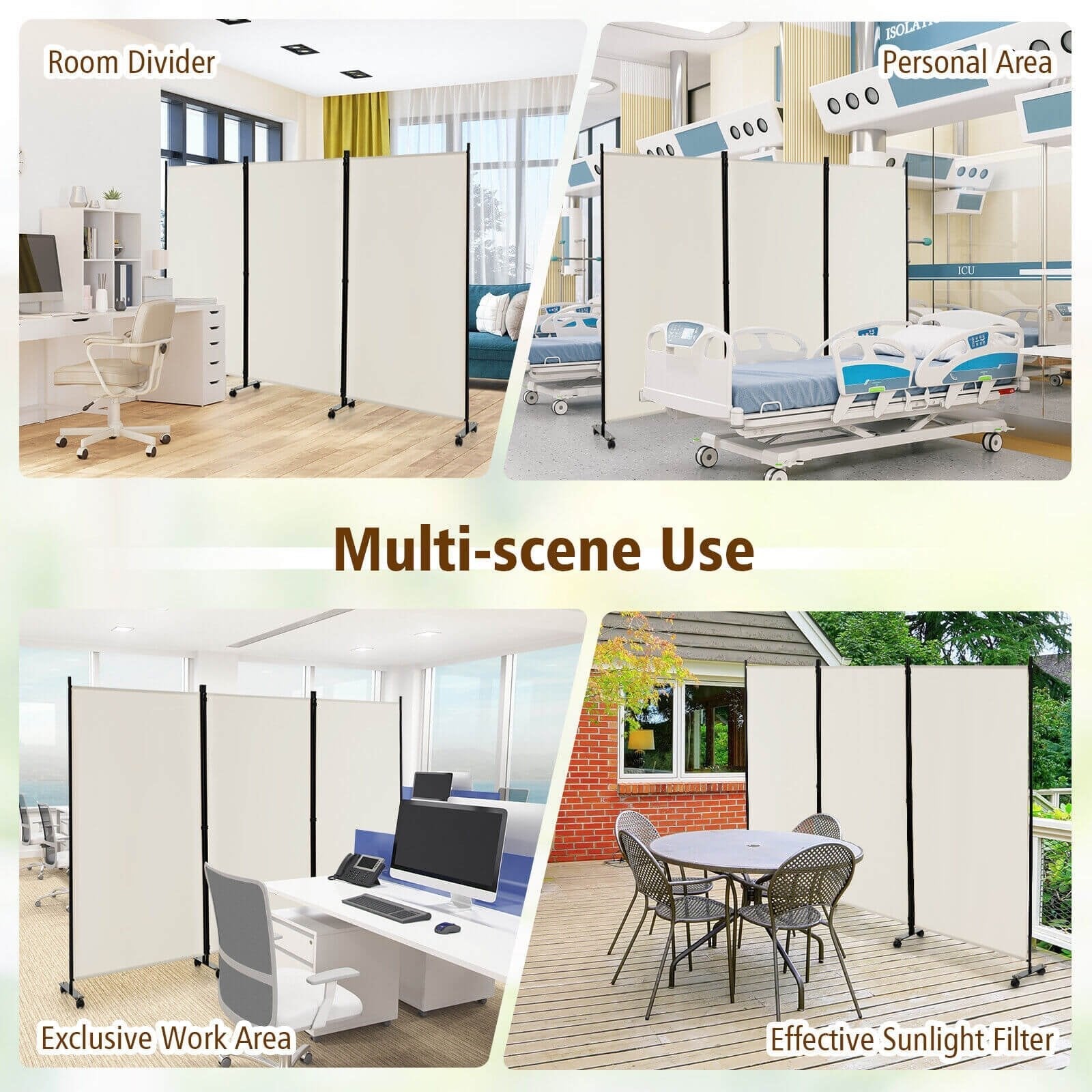 3 Panel Folding Room Divider with Lockable Wheels, White Room Dividers   at Gallery Canada