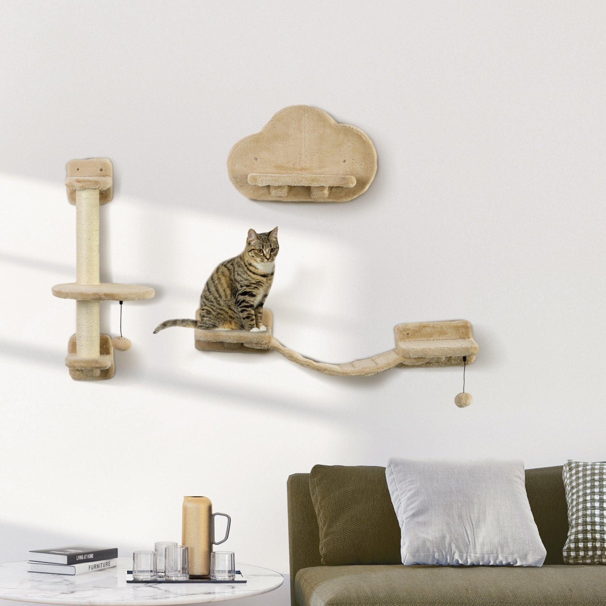 3 PCs Cat Wall Climber with Scratching Post, Ladder, Perches, Cloud-Shaped Cat Shelves, Beige Cat Climbing Wall   at Gallery Canada