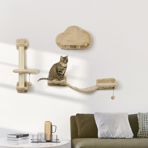 3 PCs Cat Wall Climber with Scratching Post, Ladder, Perches, Cloud-Shaped Cat Shelves, Beige