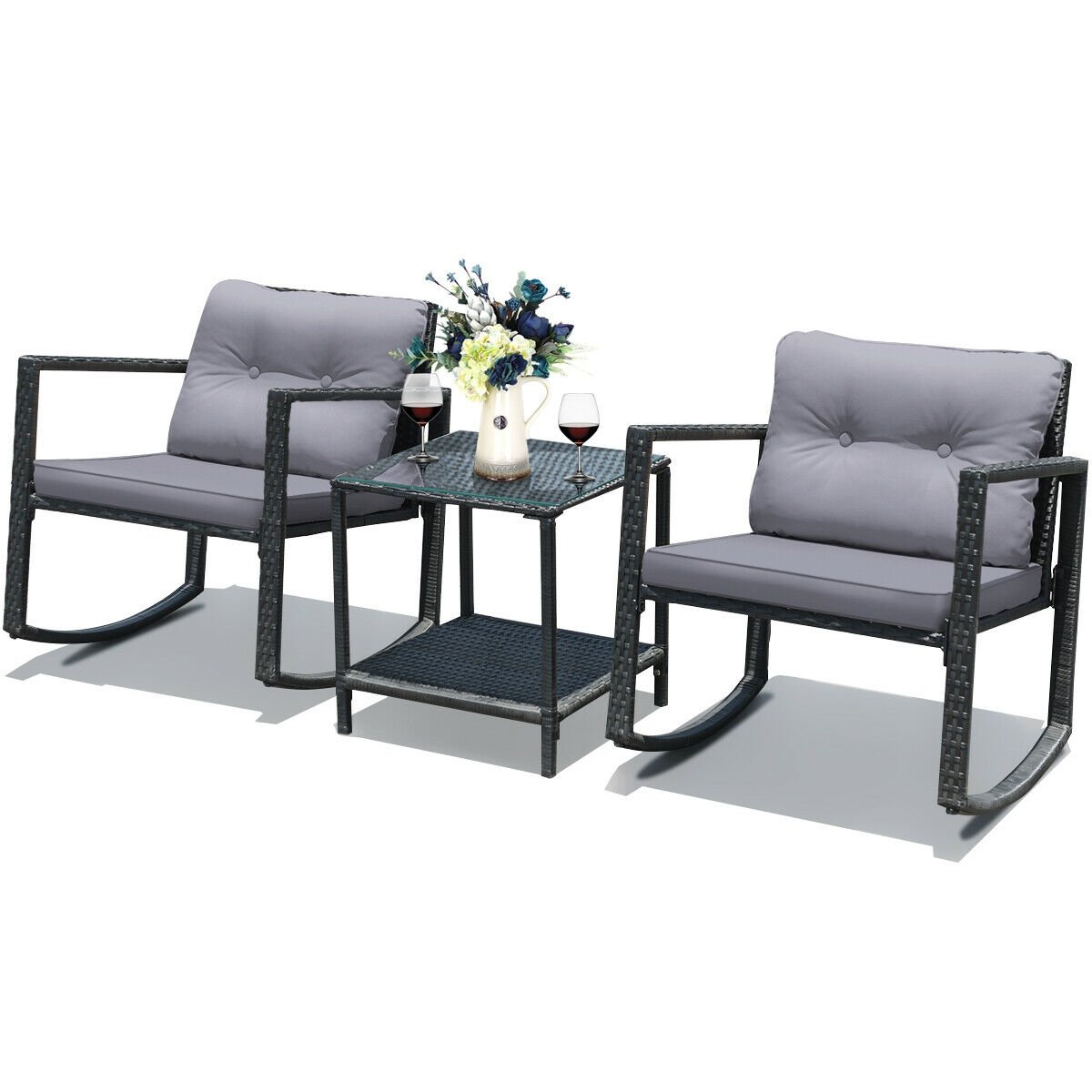 3 Pcs Cushioned Patio Rattan Set with Rocking Chair and Table, Gray Patio Conversation Sets   at Gallery Canada