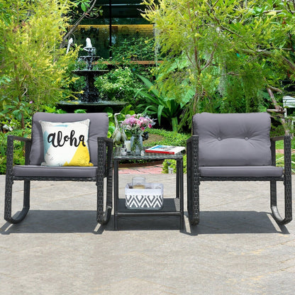 3 Pcs Cushioned Patio Rattan Set with Rocking Chair and Table, Gray Patio Conversation Sets   at Gallery Canada