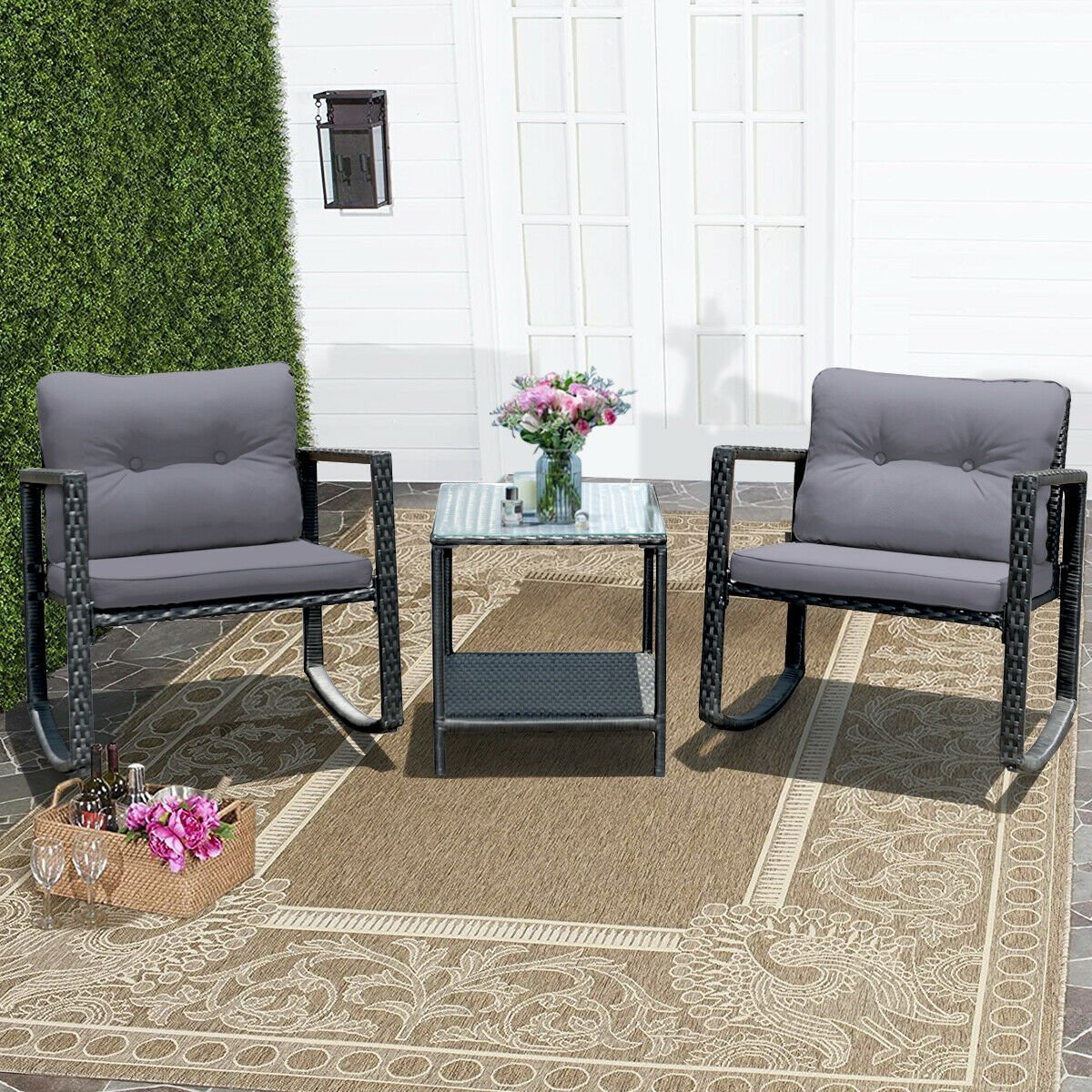 3 Pcs Cushioned Patio Rattan Set with Rocking Chair and Table, Gray Patio Conversation Sets   at Gallery Canada