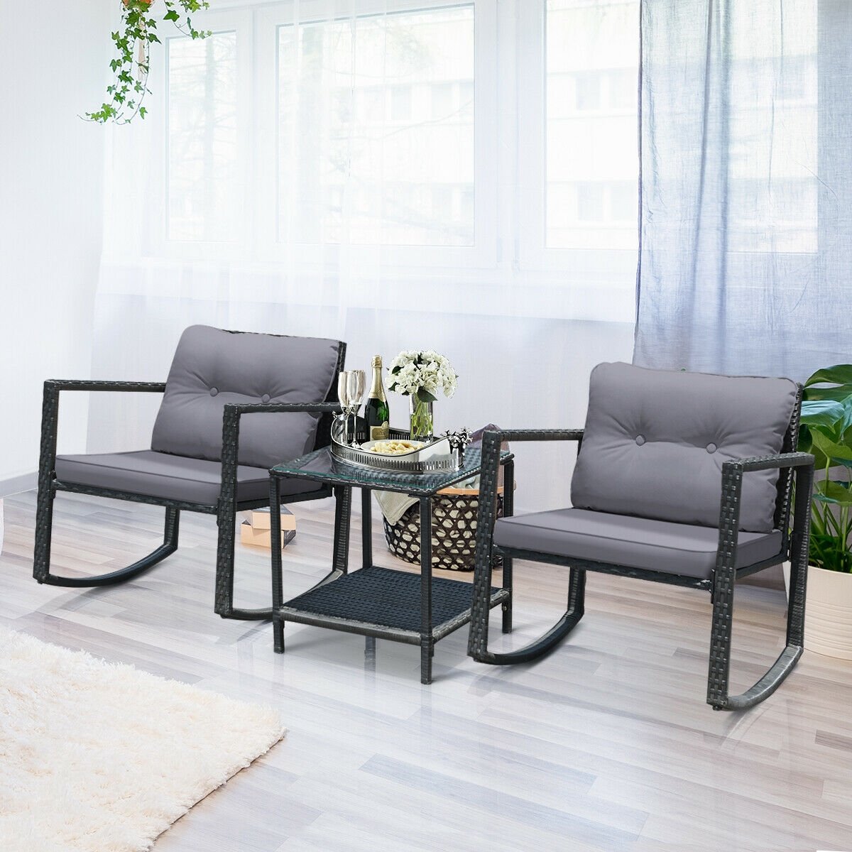 3 Pcs Cushioned Patio Rattan Set with Rocking Chair and Table, Gray Patio Conversation Sets   at Gallery Canada