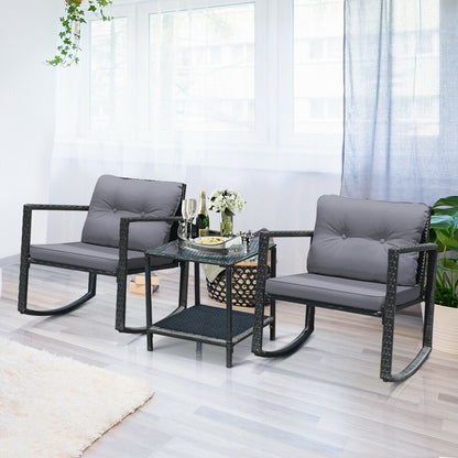 3 Pcs Cushioned Patio Rattan Set with Rocking Chair and Table, Gray Patio Conversation Sets   at Gallery Canada