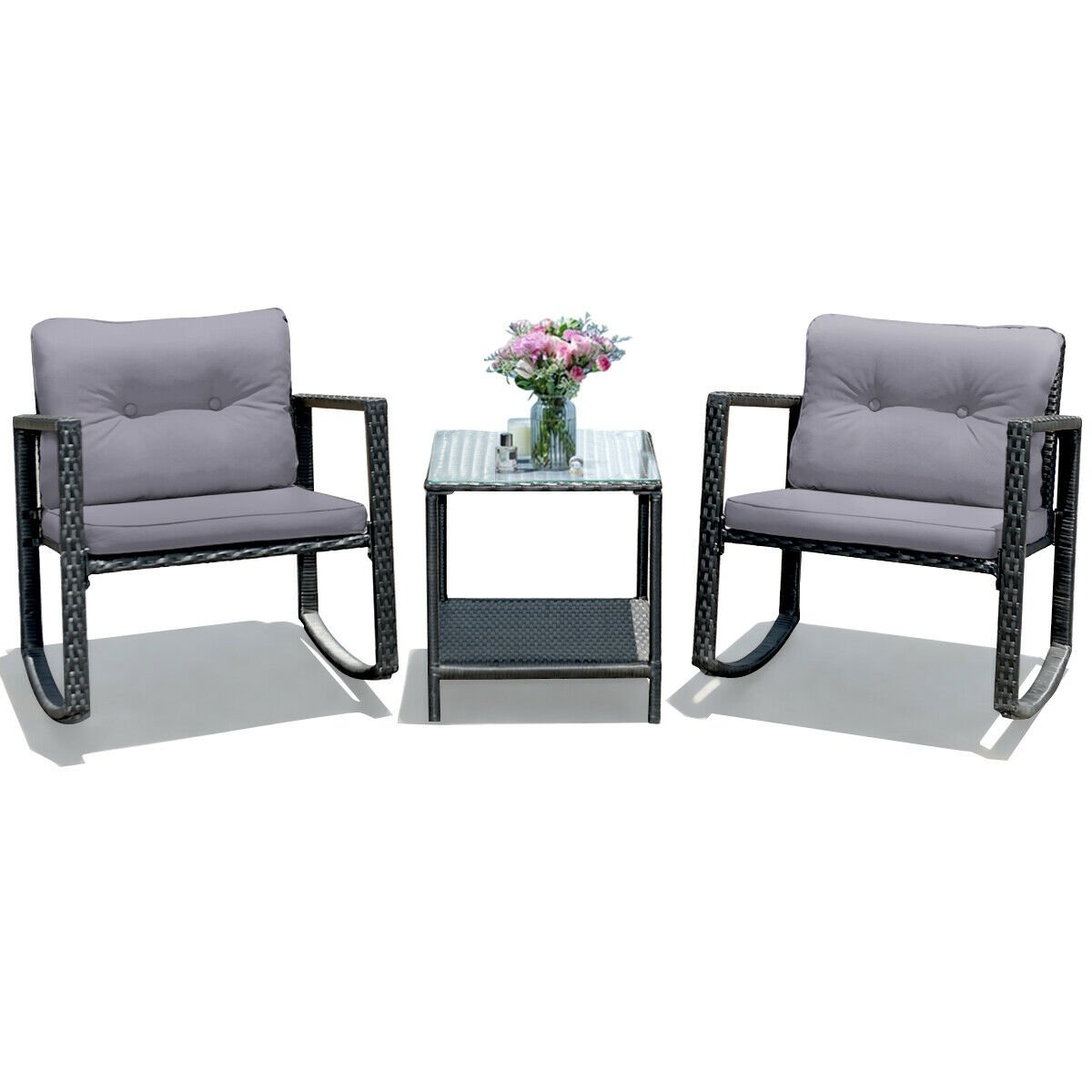 3 Pcs Cushioned Patio Rattan Set with Rocking Chair and Table, Gray Patio Conversation Sets   at Gallery Canada