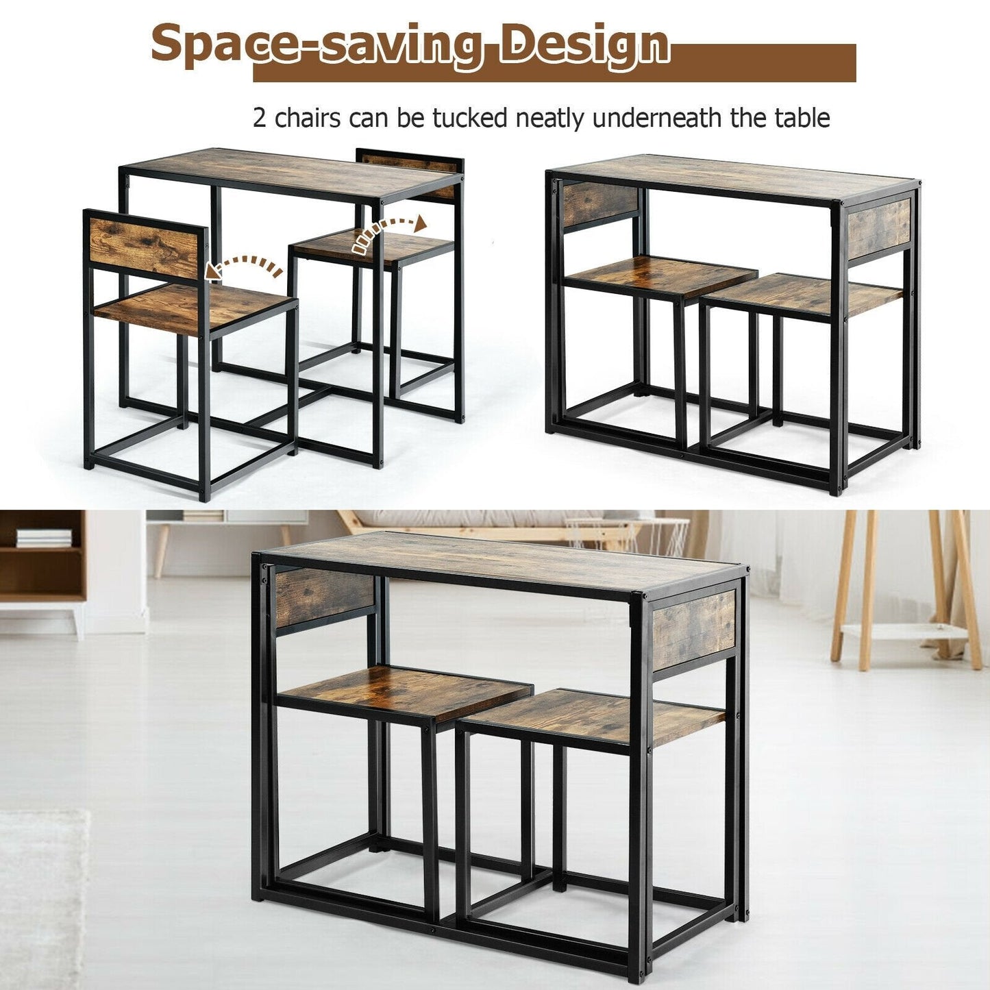 3 Pcs Dining Set Compact Table and 2 Chair with Metal Frame for for Small Space, Coffee Dining Room Sets   at Gallery Canada