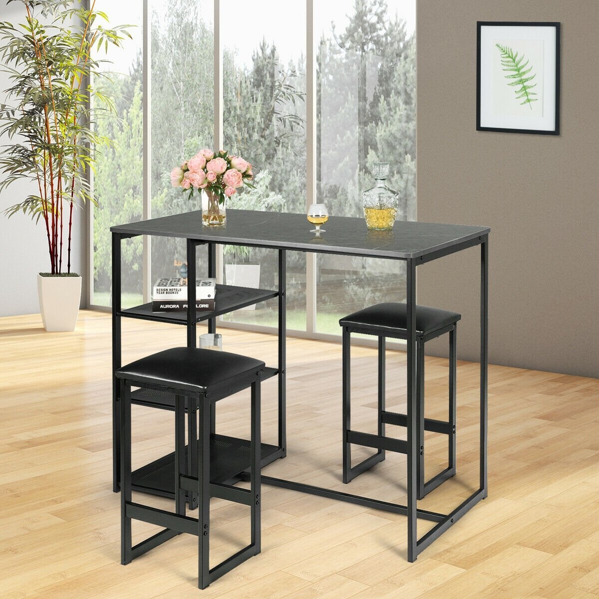 3 pcs Dining Set with Faux Marble Top Table and 2 Stools, Black Dining Room Sets   at Gallery Canada