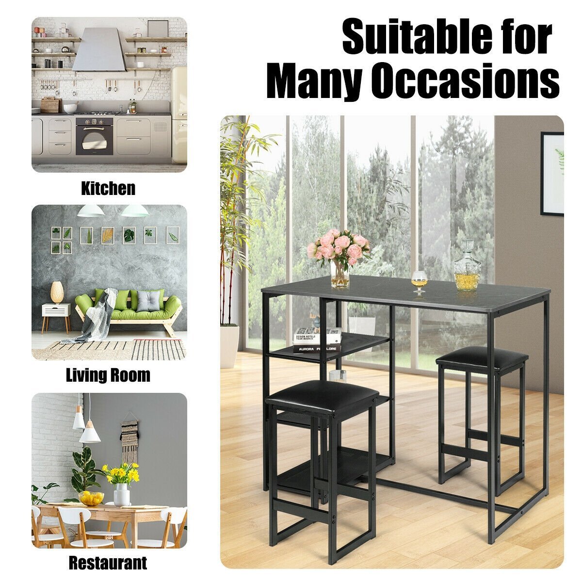 3 pcs Dining Set with Faux Marble Top Table and 2 Stools, Black Dining Room Sets   at Gallery Canada