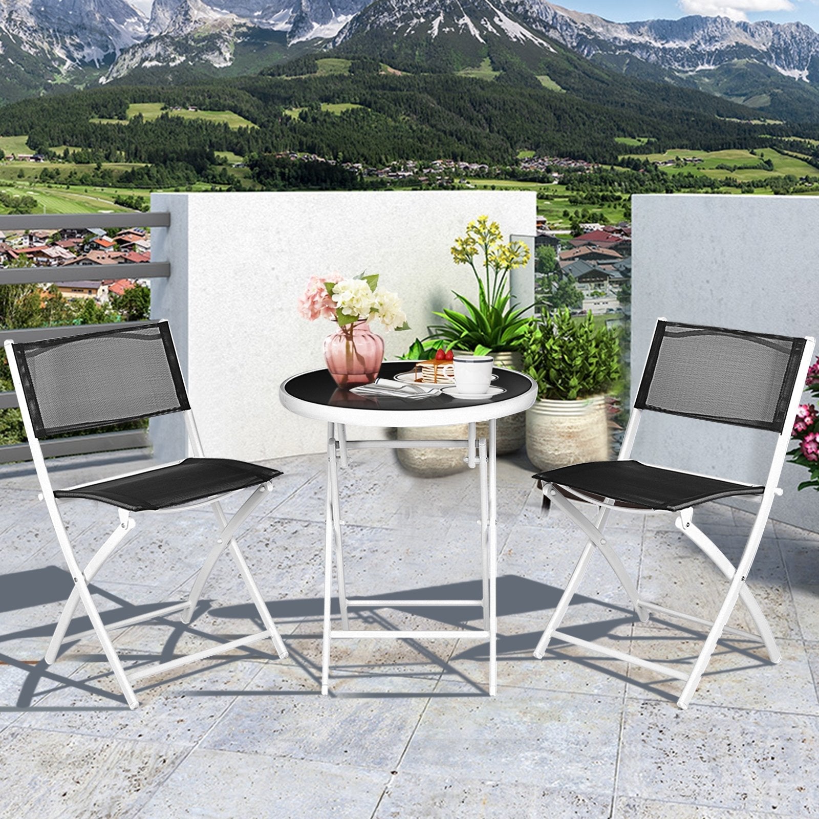 3 PCS Folding Bistro Table Chairs Set Garden Backyard Patio Furniture Black New, Black Patio Conversation Sets   at Gallery Canada