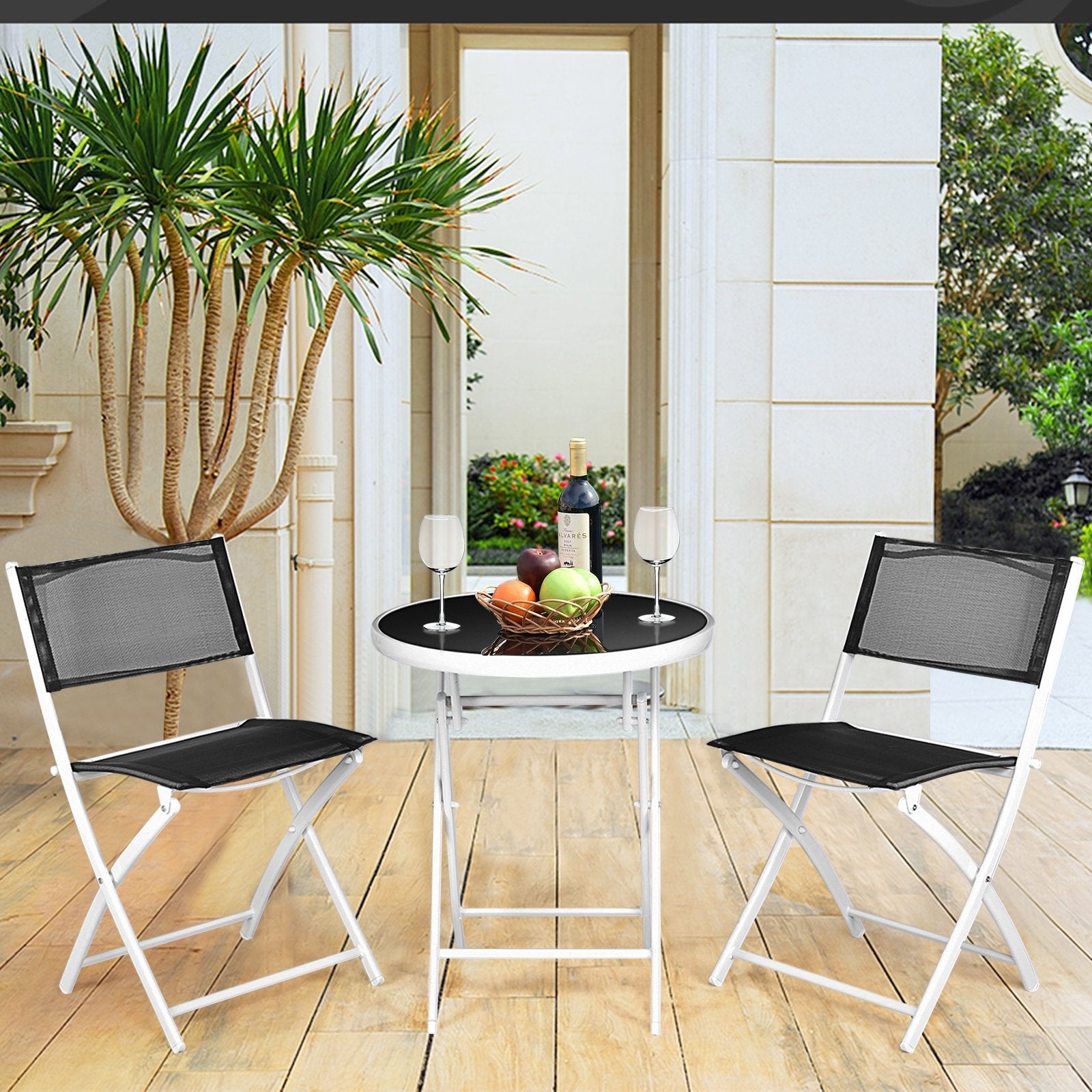 3 PCS Folding Bistro Table Chairs Set Garden Backyard Patio Furniture Black New, Black Patio Conversation Sets   at Gallery Canada