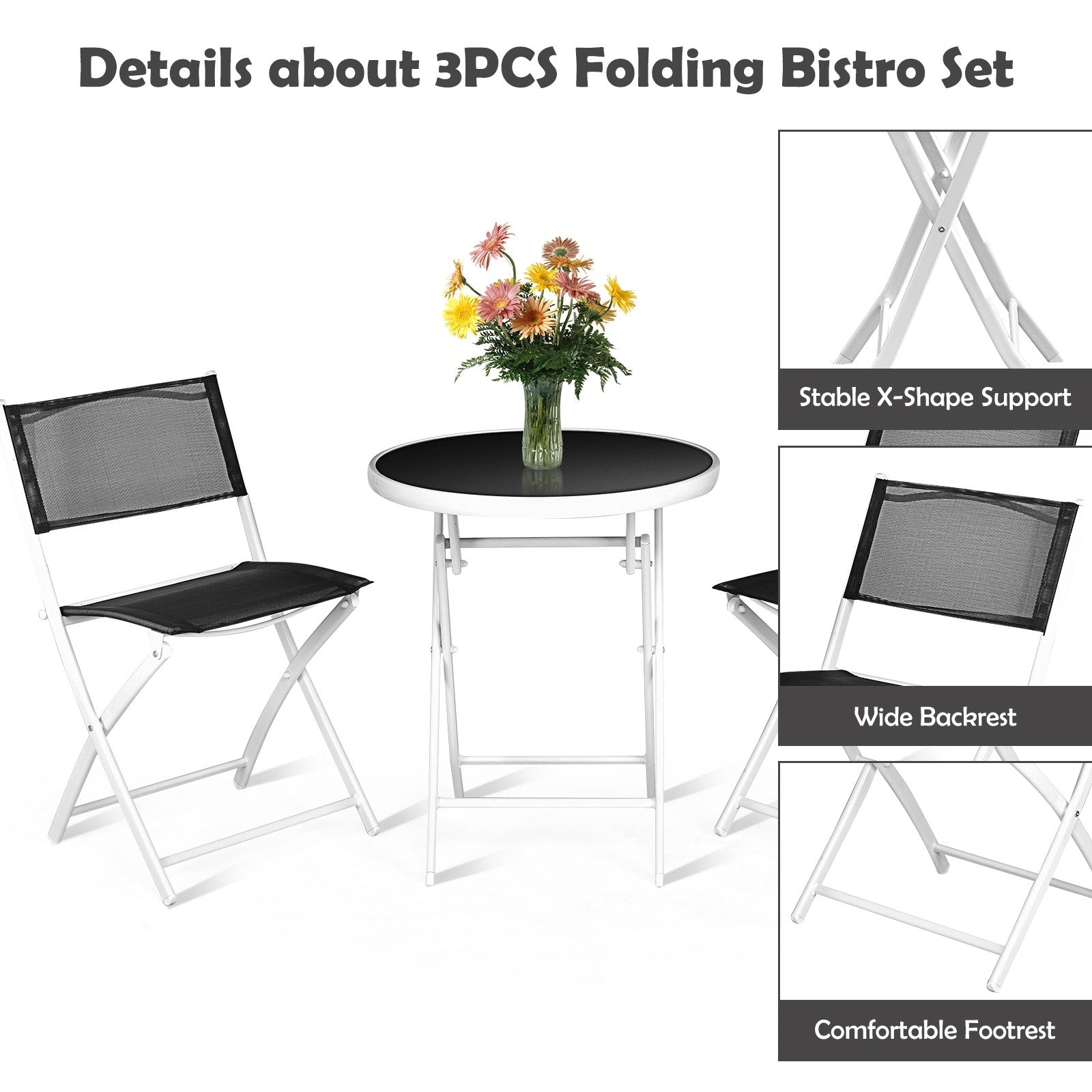 3 PCS Folding Bistro Table Chairs Set Garden Backyard Patio Furniture Black New, Black Patio Conversation Sets   at Gallery Canada