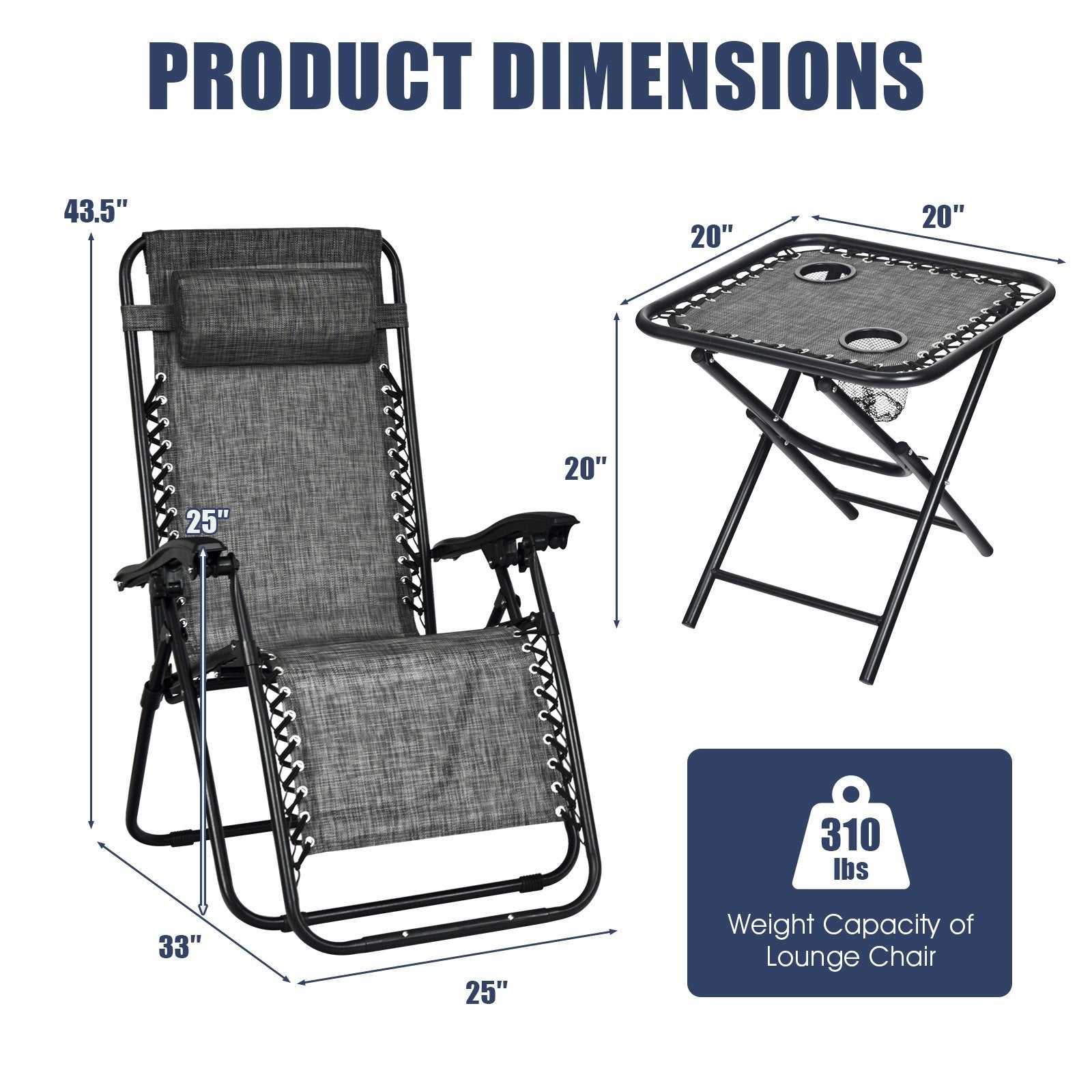 3 Pcs Folding Portable Zero Gravity Reclining Lounge Chairs Table, Gray Patio Conversation Sets   at Gallery Canada