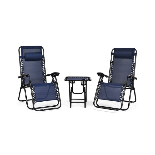 3 Pcs Folding Portable Zero Gravity Reclining Lounge Chairs Table, Navy