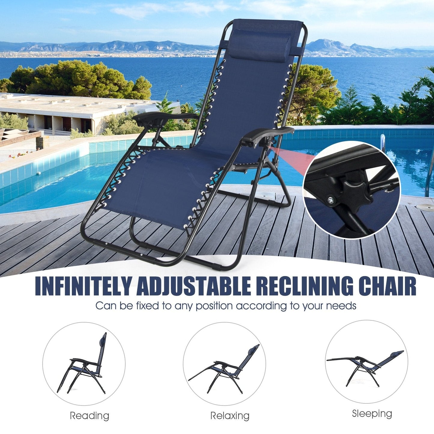 3 Pcs Folding Portable Zero Gravity Reclining Lounge Chairs Table, Navy Patio Conversation Sets   at Gallery Canada