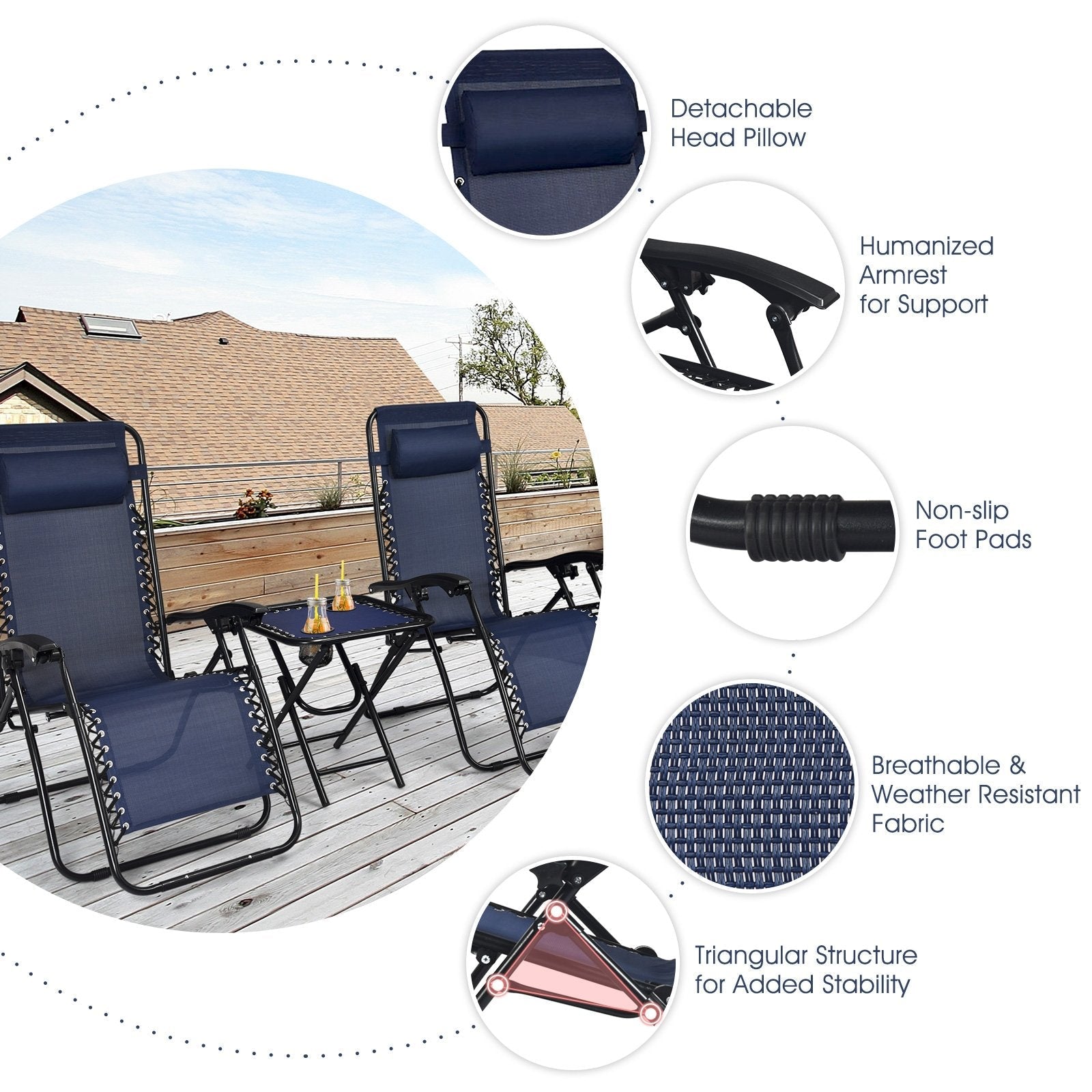 3 Pcs Folding Portable Zero Gravity Reclining Lounge Chairs Table, Navy Patio Conversation Sets   at Gallery Canada