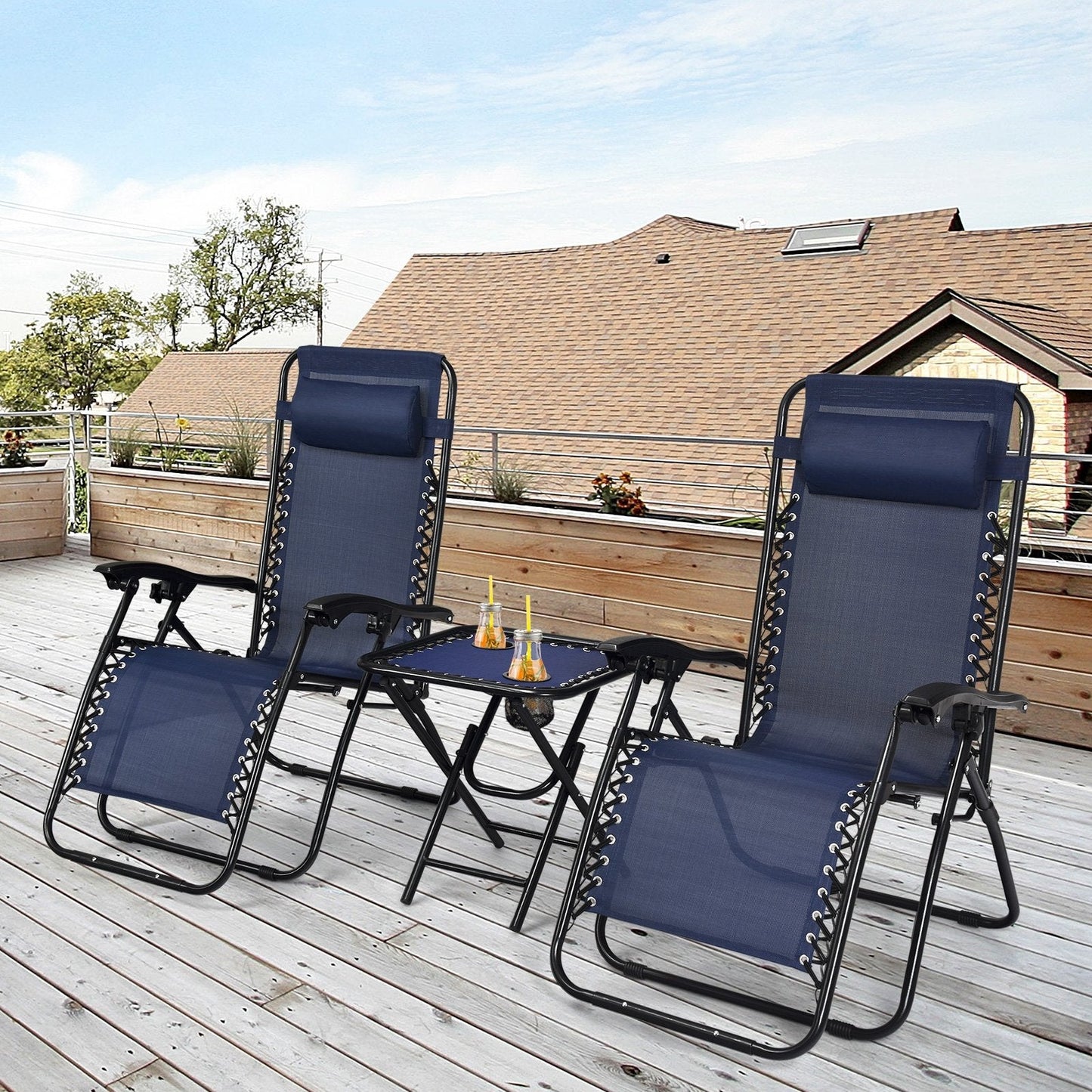 3 Pcs Folding Portable Zero Gravity Reclining Lounge Chairs Table, Navy Patio Conversation Sets   at Gallery Canada