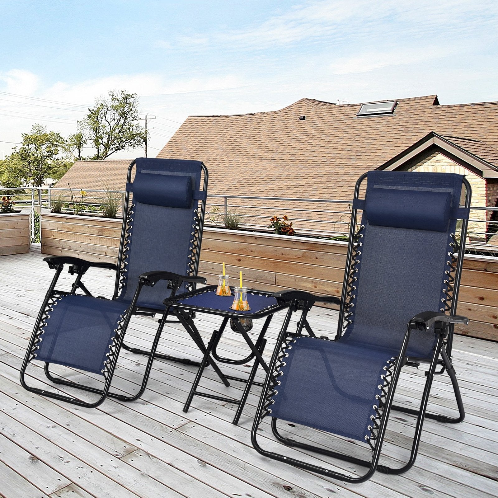 3 Pcs Folding Portable Zero Gravity Reclining Lounge Chairs Table, Navy Patio Conversation Sets   at Gallery Canada