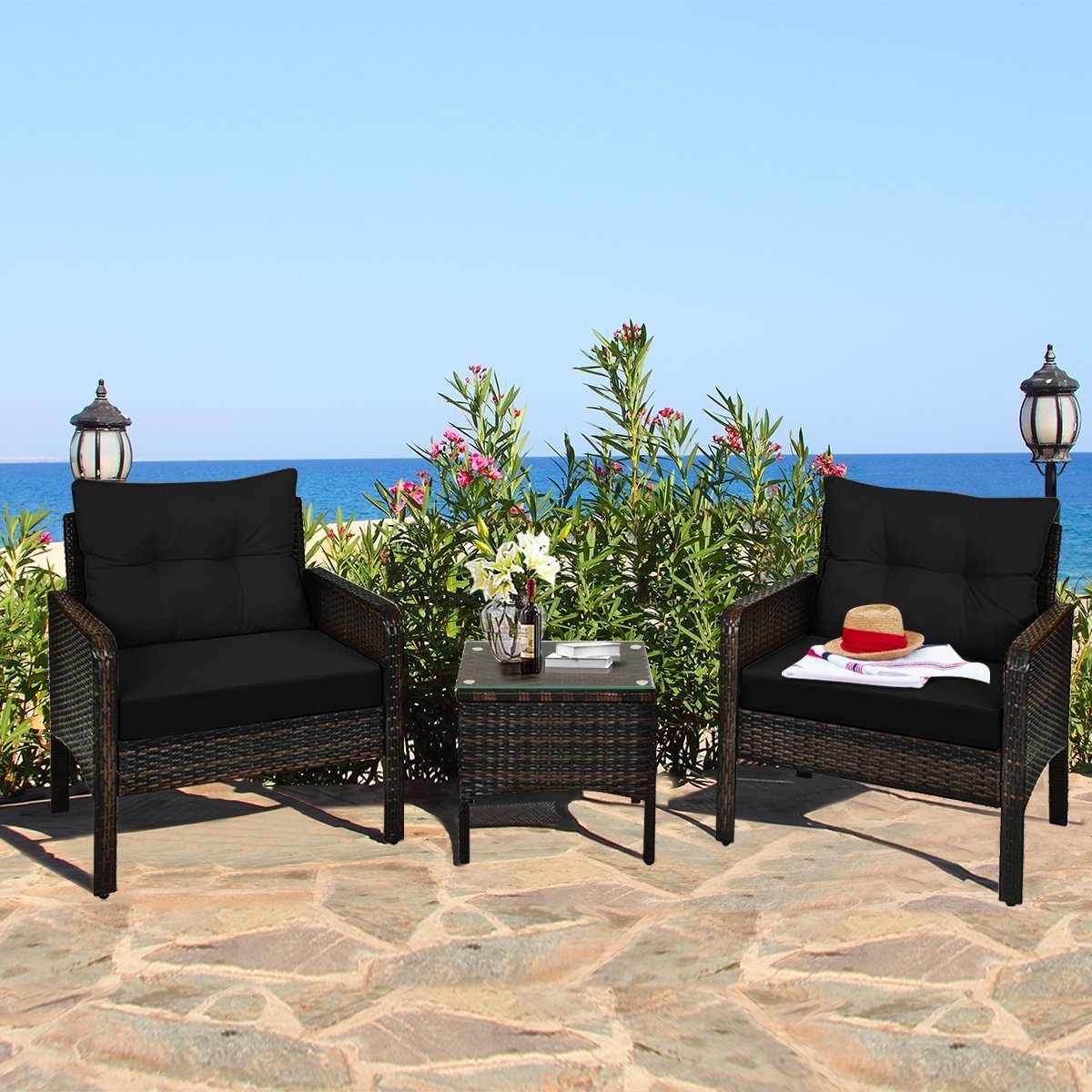 3 Pcs Outdoor Patio Rattan Conversation Set with Seat Cushions, Black Patio Conversation Sets   at Gallery Canada