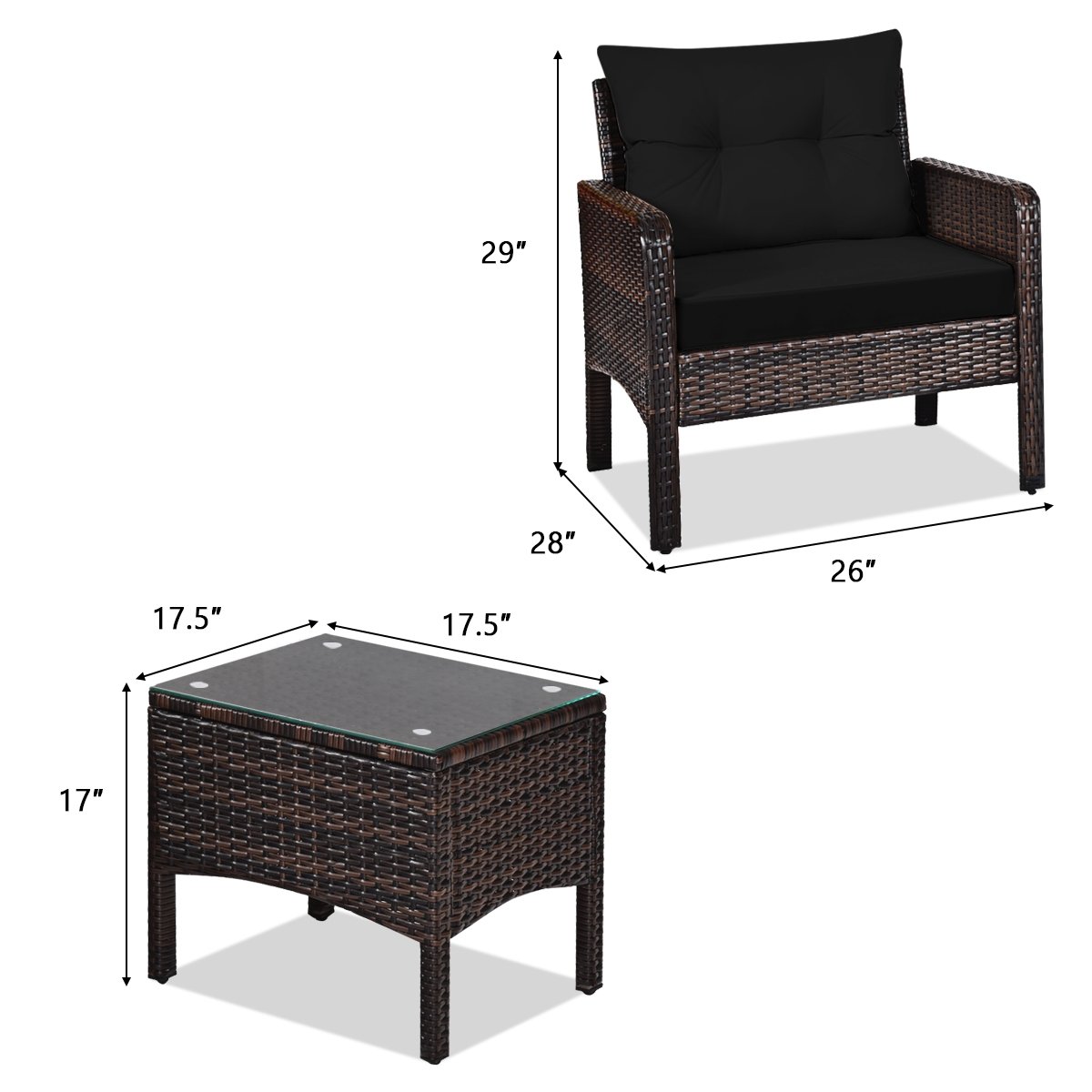 3 Pcs Outdoor Patio Rattan Conversation Set with Seat Cushions, Black Patio Conversation Sets   at Gallery Canada