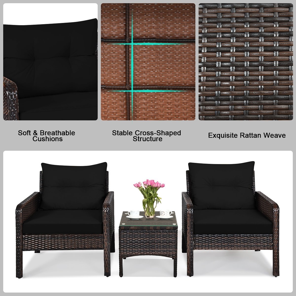 3 Pcs Outdoor Patio Rattan Conversation Set with Seat Cushions, Black Patio Conversation Sets   at Gallery Canada