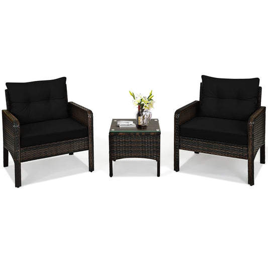 3 Pcs Outdoor Patio Rattan Conversation Set with Seat Cushions, Black Patio Conversation Sets   at Gallery Canada