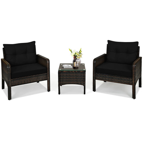 3 Pcs Outdoor Patio Rattan Conversation Set with Seat Cushions, Black