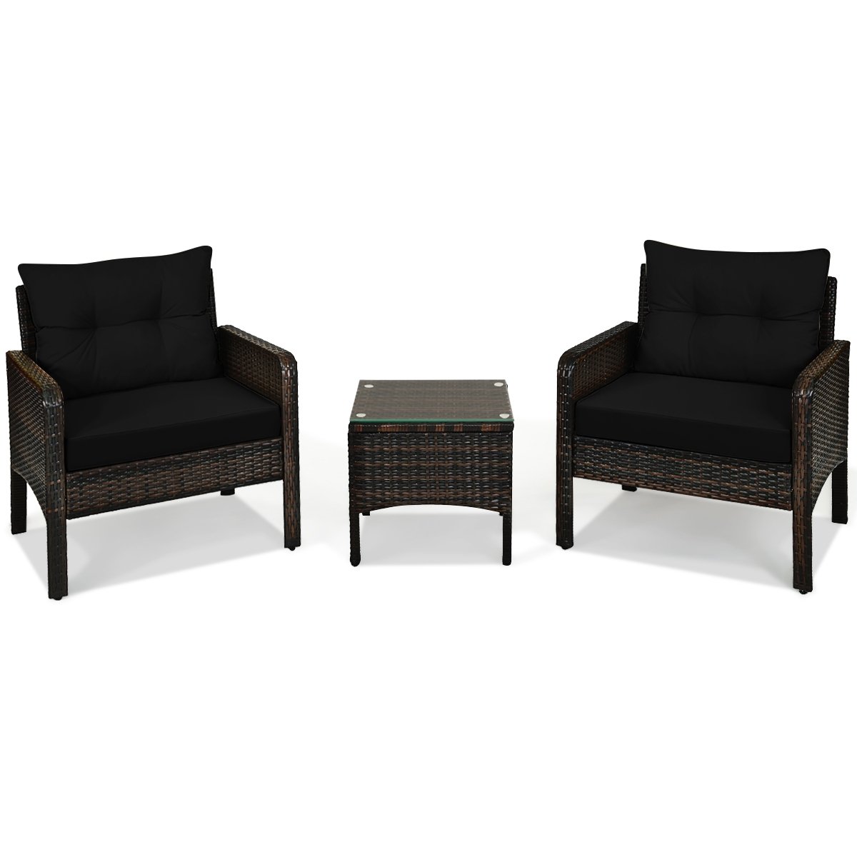 3 Pcs Outdoor Patio Rattan Conversation Set with Seat Cushions, Black Patio Conversation Sets   at Gallery Canada