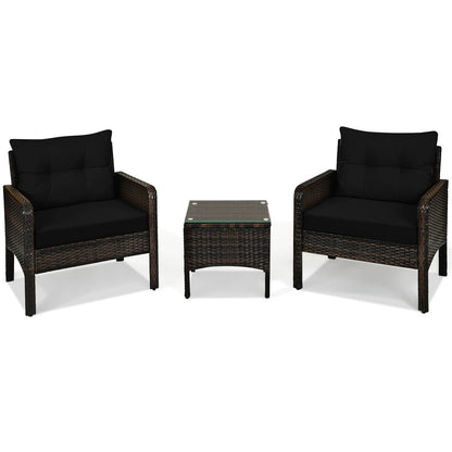 3 Pcs Outdoor Patio Rattan Conversation Set with Seat Cushions, Black Patio Conversation Sets   at Gallery Canada