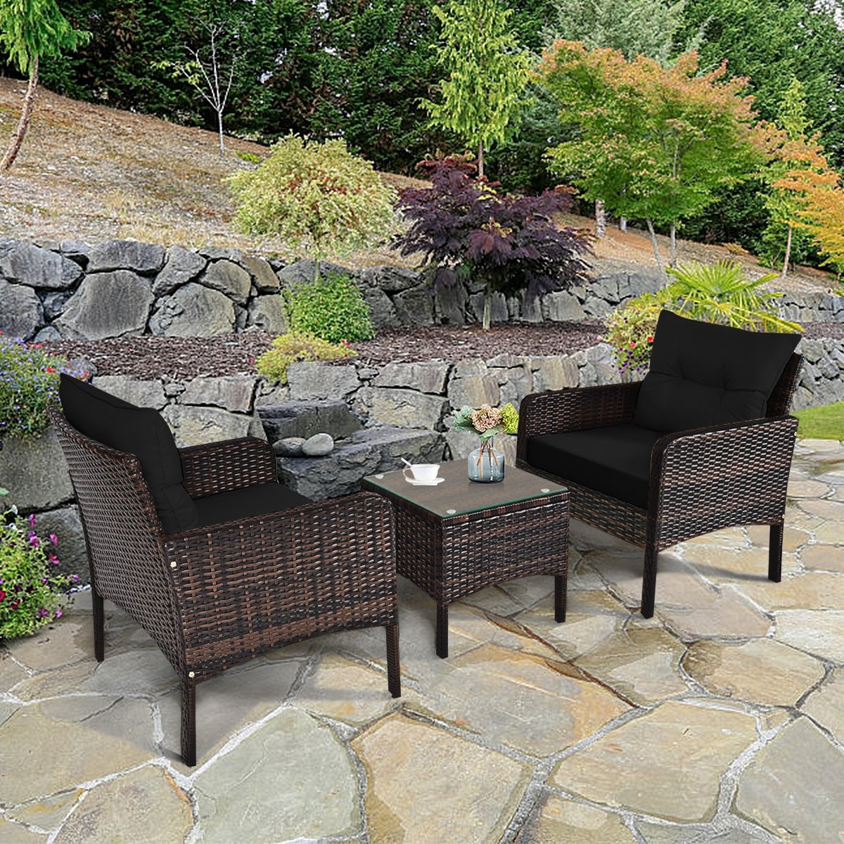 3 Pcs Outdoor Patio Rattan Conversation Set with Seat Cushions, Black Patio Conversation Sets   at Gallery Canada