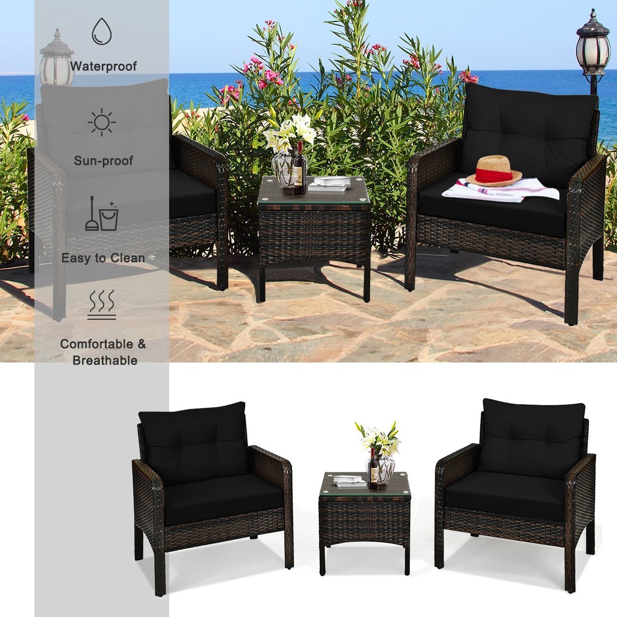 3 Pcs Outdoor Patio Rattan Conversation Set with Seat Cushions, Black Patio Conversation Sets   at Gallery Canada