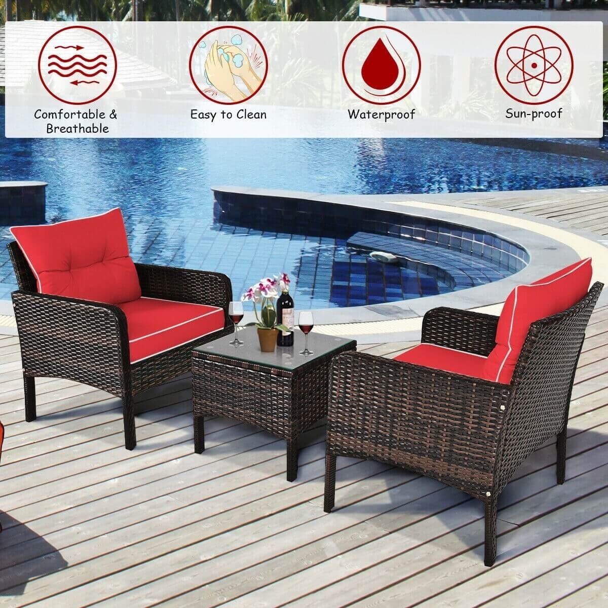 3 Pcs Outdoor Patio Rattan Conversation Set with Seat Cushions, Red Patio Conversation Sets   at Gallery Canada