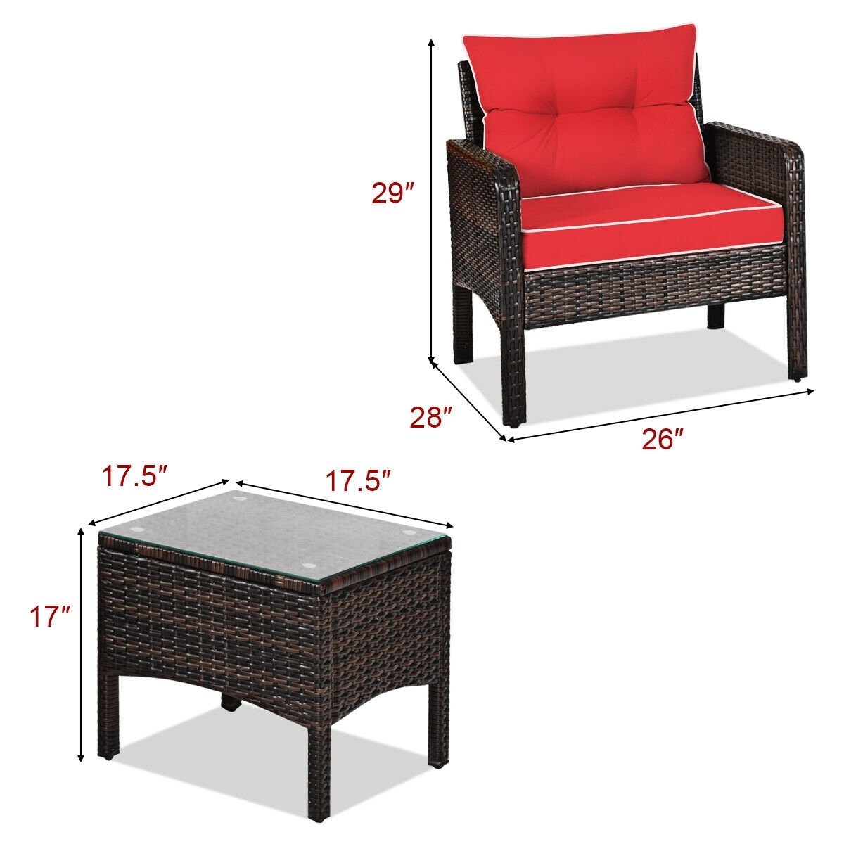 3 Pcs Outdoor Patio Rattan Conversation Set with Seat Cushions, Red Patio Conversation Sets   at Gallery Canada