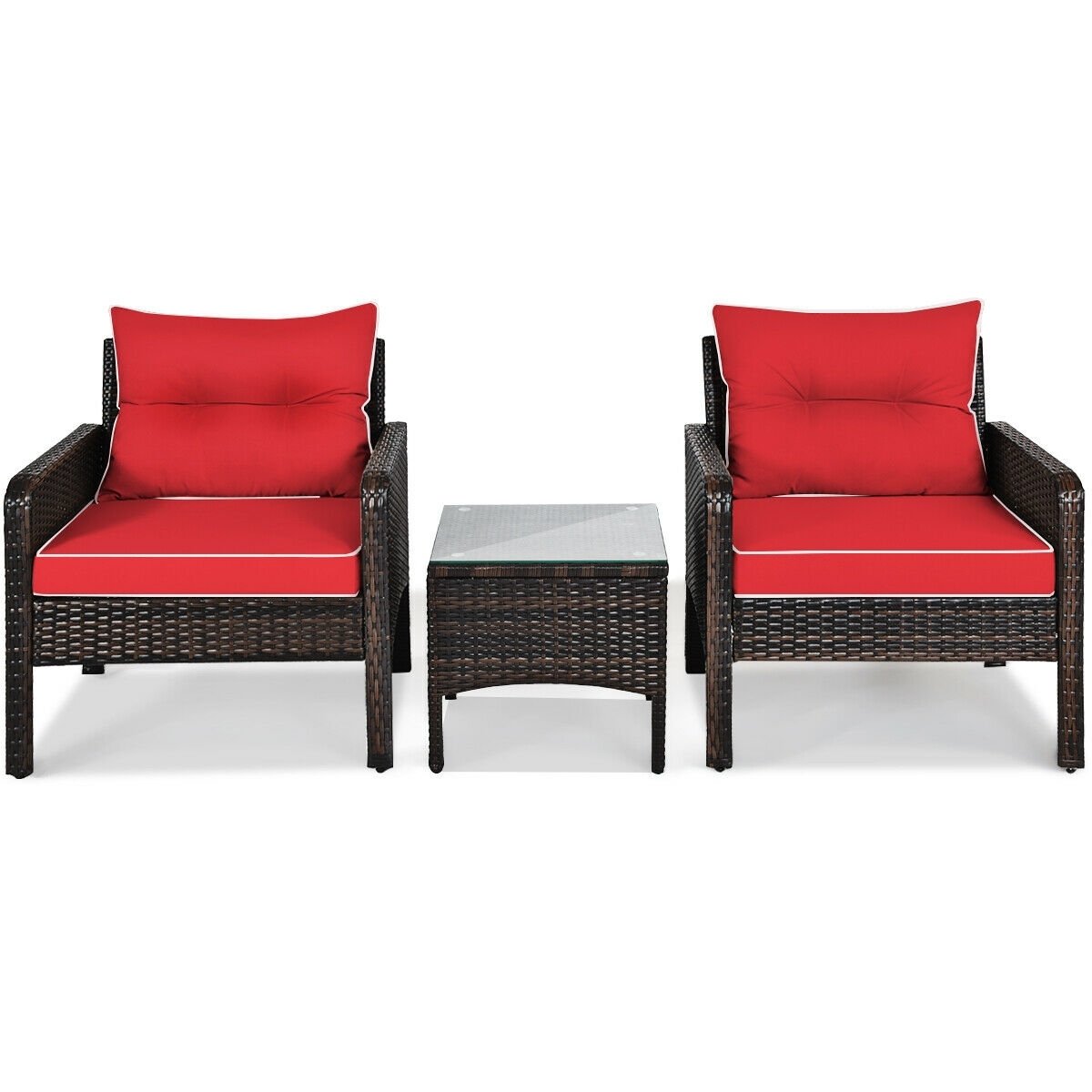 3 Pcs Outdoor Patio Rattan Conversation Set with Seat Cushions, Red Patio Conversation Sets   at Gallery Canada