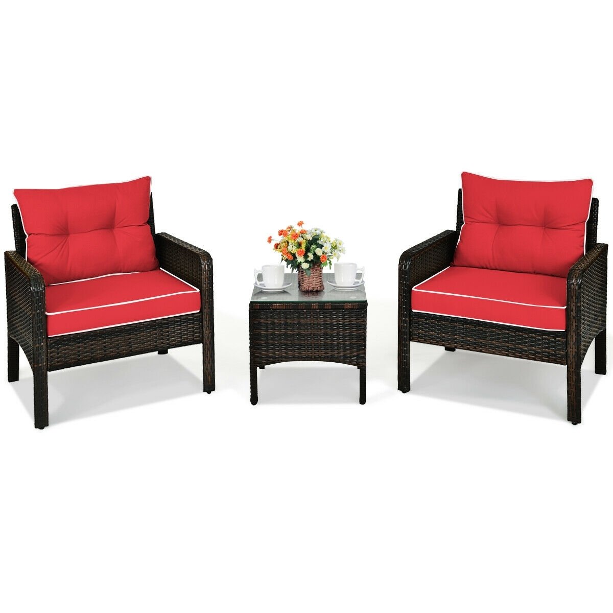 3 Pcs Outdoor Patio Rattan Conversation Set with Seat Cushions, Red Patio Conversation Sets   at Gallery Canada