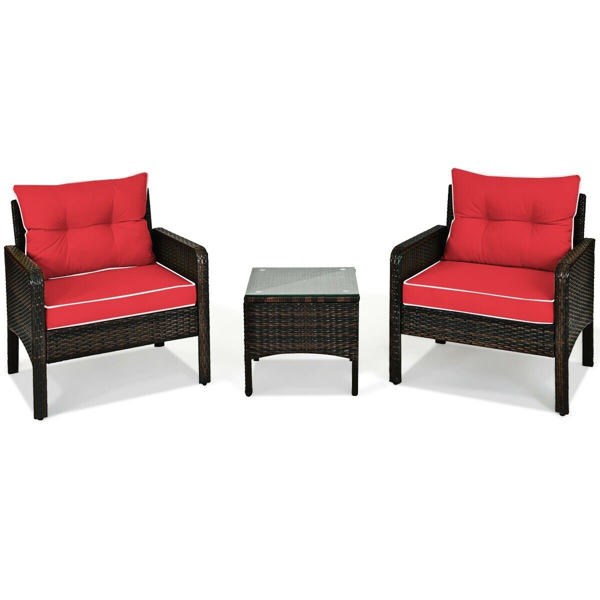 3 Pcs Outdoor Patio Rattan Conversation Set with Seat Cushions, Red Patio Conversation Sets   at Gallery Canada