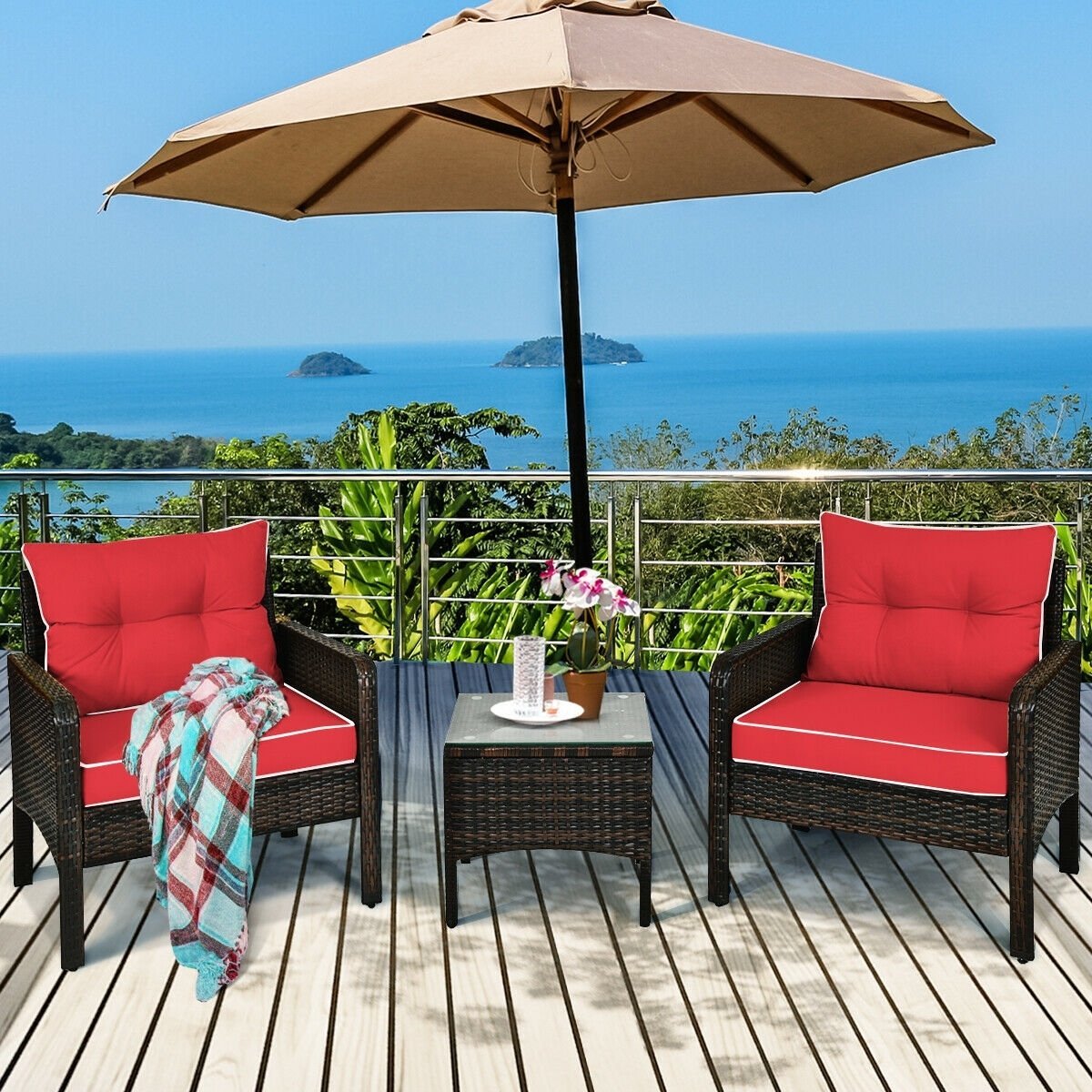 3 Pcs Outdoor Patio Rattan Conversation Set with Seat Cushions, Red Patio Conversation Sets   at Gallery Canada